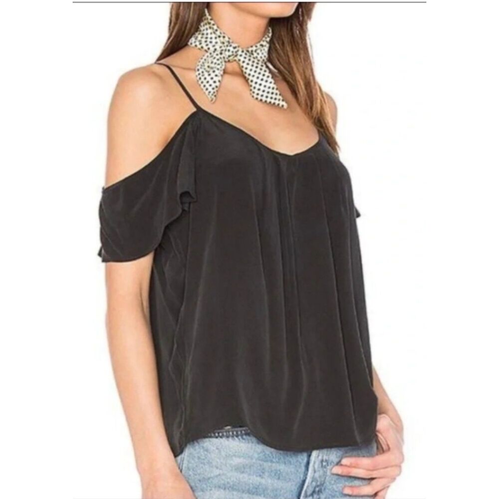 NWT SZ L Joie 'Adorlee' Black Silk Cold-Shoulder Top Flutter Sleeves & Pleating - Picture 3 of 8